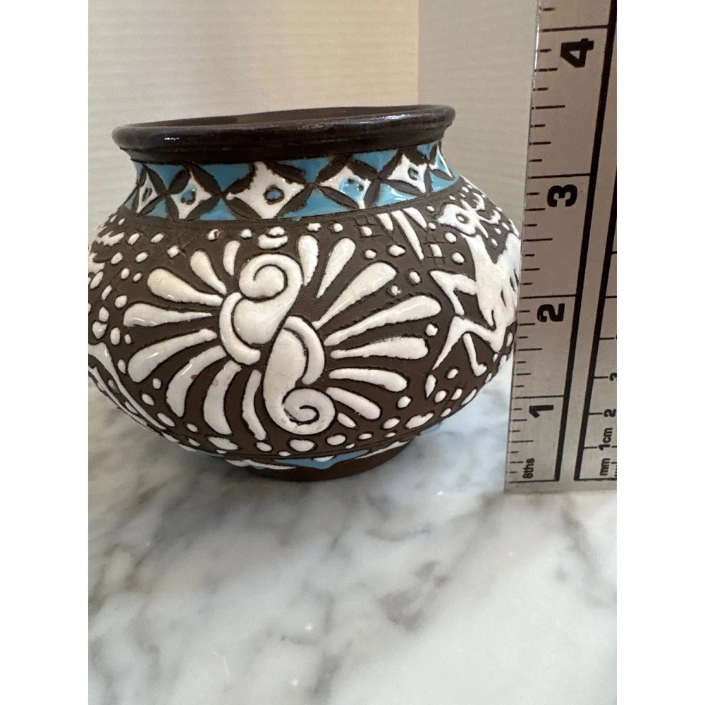 Neofitou Keramik Rhodes Greece Hand Painted Deer Pottery Vase Brown Blue White